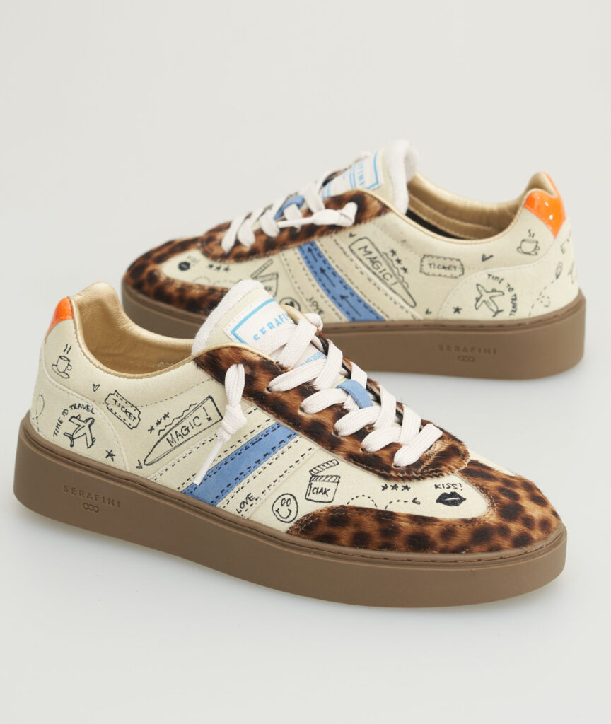 baskets basses femme serafini crème et léopards